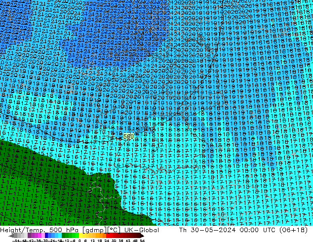 Height/Temp. 500 hPa UK-Global Do 30.05.2024 00 UTC