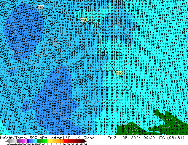 Height/Temp. 500 hPa UK-Global Fr 31.05.2024 09 UTC