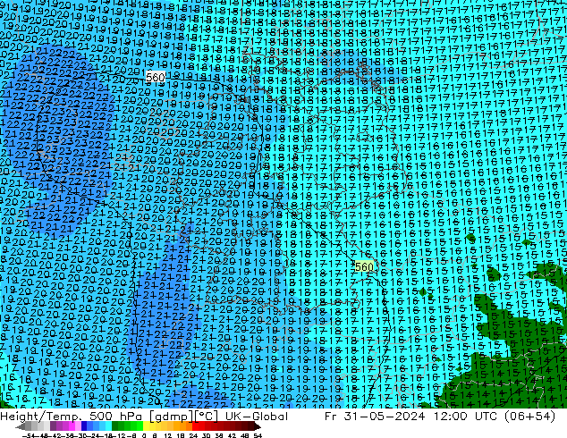 Height/Temp. 500 hPa UK-Global Pá 31.05.2024 12 UTC