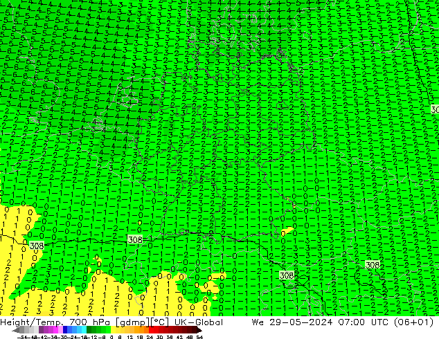 Height/Temp. 700 hPa UK-Global Qua 29.05.2024 07 UTC