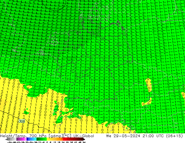 Height/Temp. 700 hPa UK-Global śro. 29.05.2024 21 UTC