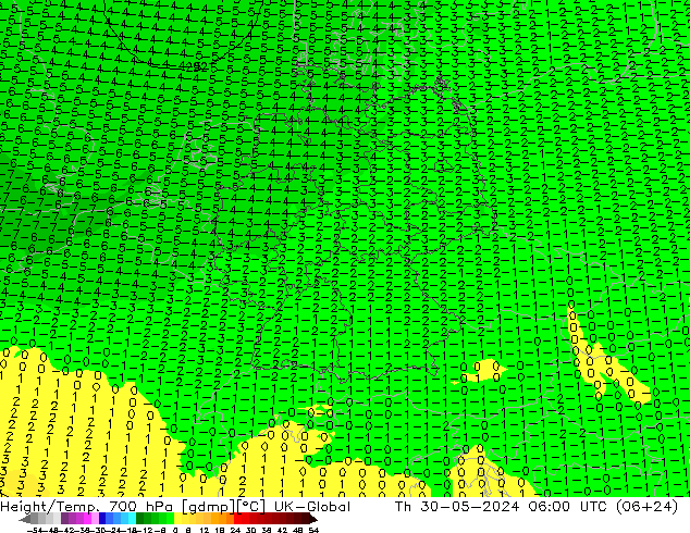 Height/Temp. 700 hPa UK-Global Th 30.05.2024 06 UTC