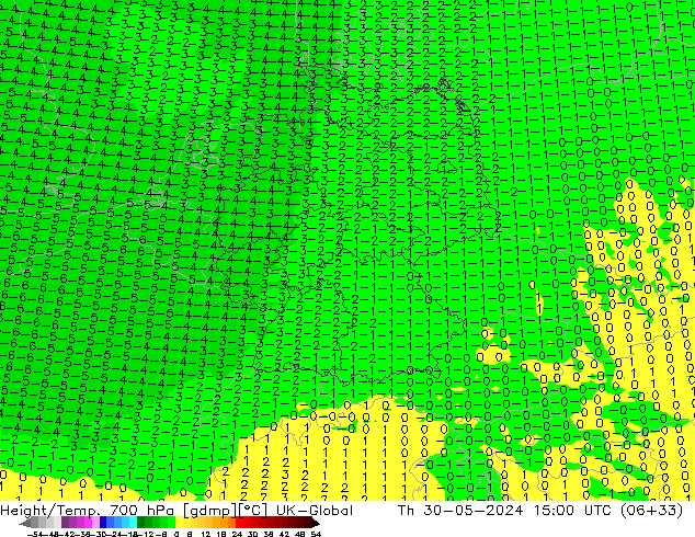 Geop./Temp. 700 hPa UK-Global jue 30.05.2024 15 UTC