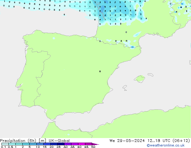 Precipitation (6h) UK-Global We 29.05.2024 18 UTC