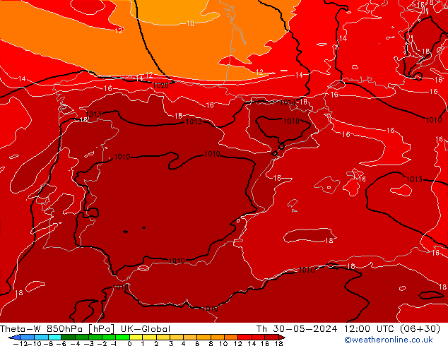 Theta-W 850hPa UK-Global Th 30.05.2024 12 UTC