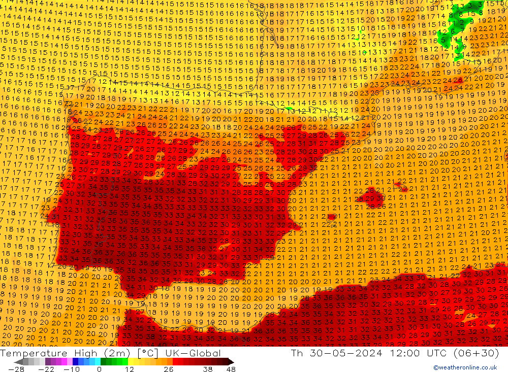 Темпер. макс 2т UK-Global чт 30.05.2024 12 UTC