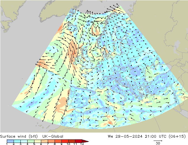 Surface wind (bft) UK-Global St 29.05.2024 21 UTC