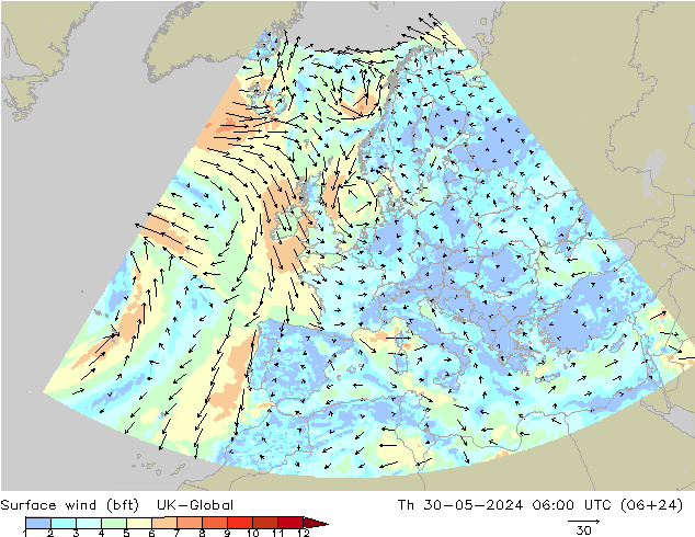 Viento 10 m (bft) UK-Global jue 30.05.2024 06 UTC