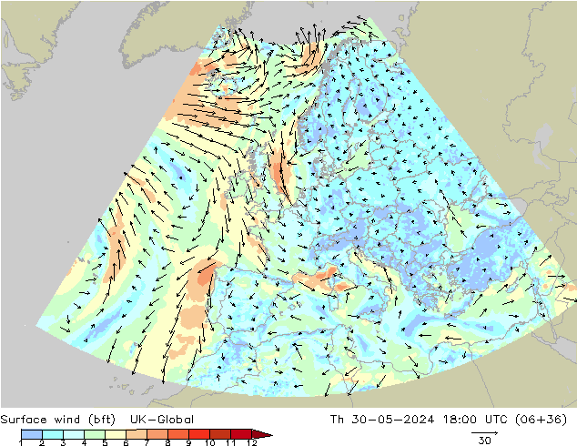 Vent 10 m (bft) UK-Global jeu 30.05.2024 18 UTC