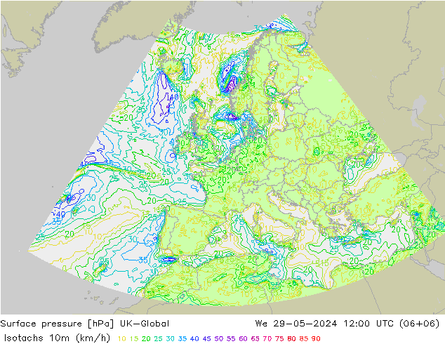 Eşrüzgar Hızları (km/sa) UK-Global Çar 29.05.2024 12 UTC