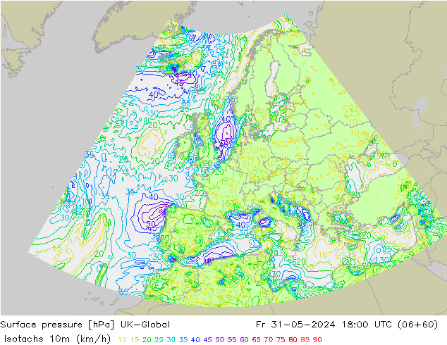 Isotachs (kph) UK-Global ven 31.05.2024 18 UTC