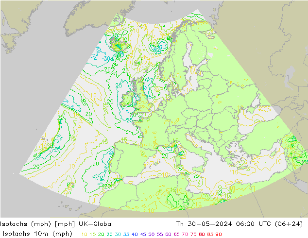 Isotachs (mph) UK-Global Th 30.05.2024 06 UTC