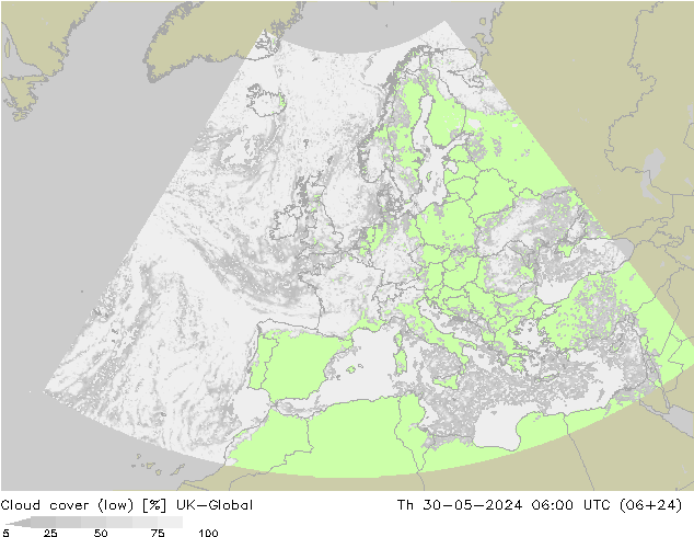 Bewolking (Laag) UK-Global do 30.05.2024 06 UTC