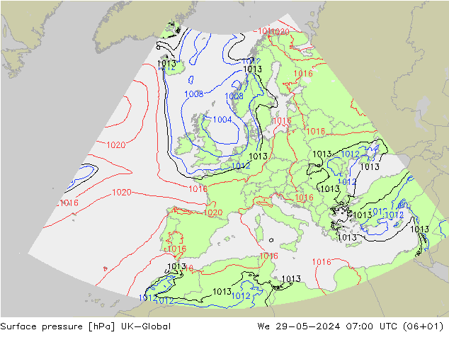 Pressione al suolo UK-Global mer 29.05.2024 07 UTC