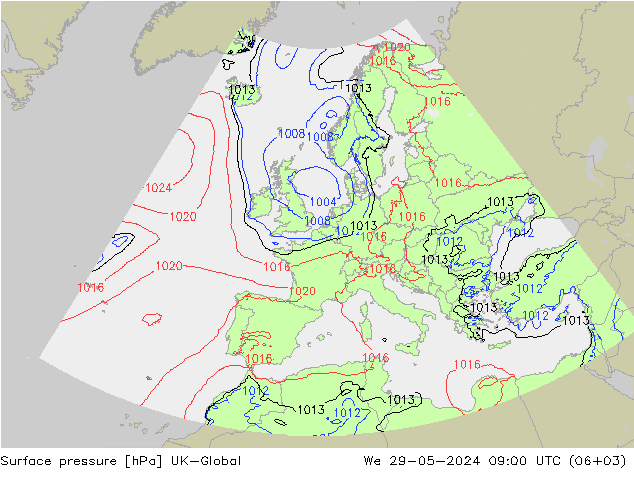 Surface pressure UK-Global We 29.05.2024 09 UTC