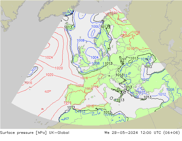 Pressione al suolo UK-Global mer 29.05.2024 12 UTC