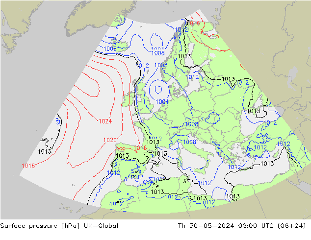 Pressione al suolo UK-Global gio 30.05.2024 06 UTC