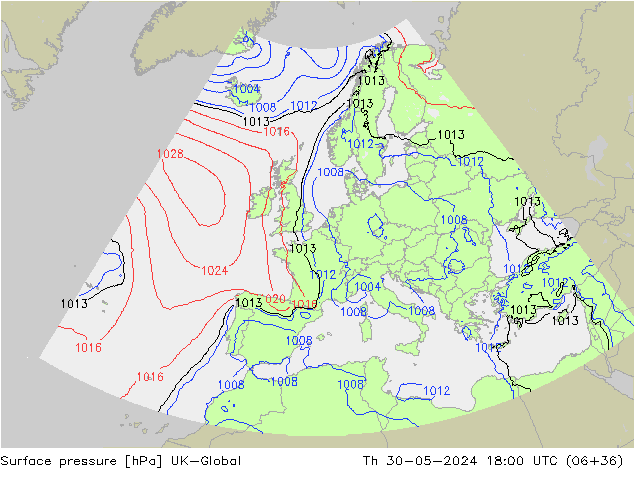 Presión superficial UK-Global jue 30.05.2024 18 UTC