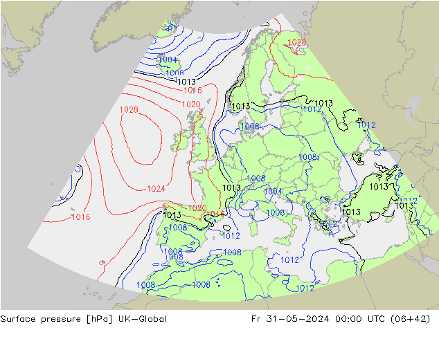 Pressione al suolo UK-Global ven 31.05.2024 00 UTC
