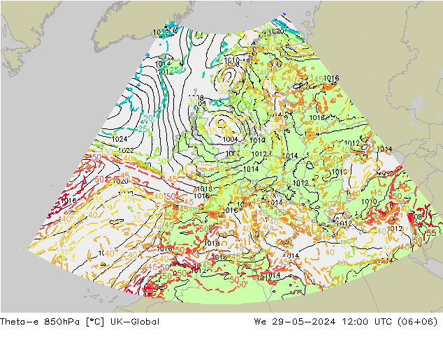 Theta-e 850hPa UK-Global wo 29.05.2024 12 UTC