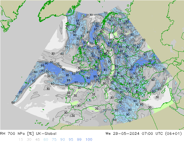 700 hPa Nispi Nem UK-Global Çar 29.05.2024 07 UTC