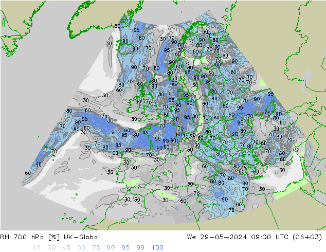 RH 700 hPa UK-Global Qua 29.05.2024 09 UTC
