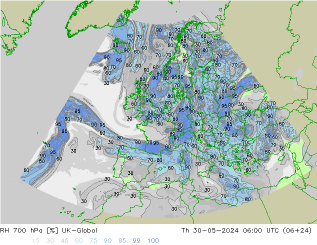 RH 700 hPa UK-Global 星期四 30.05.2024 06 UTC