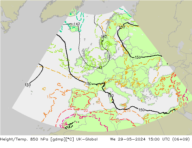 Geop./Temp. 850 hPa UK-Global mié 29.05.2024 15 UTC