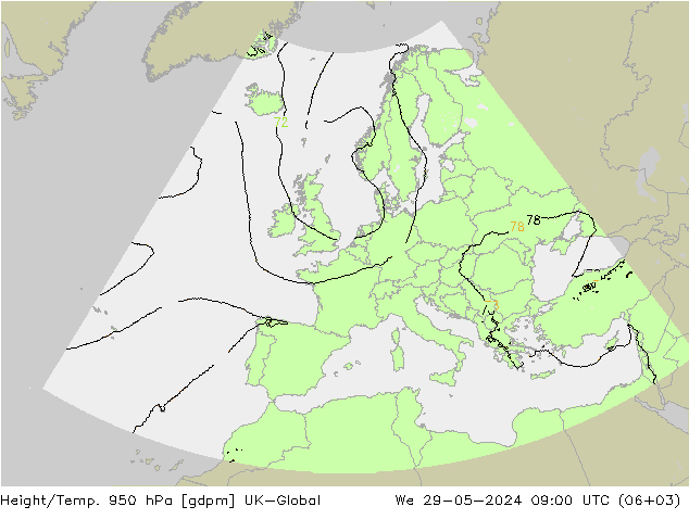 Height/Temp. 950 hPa UK-Global We 29.05.2024 09 UTC