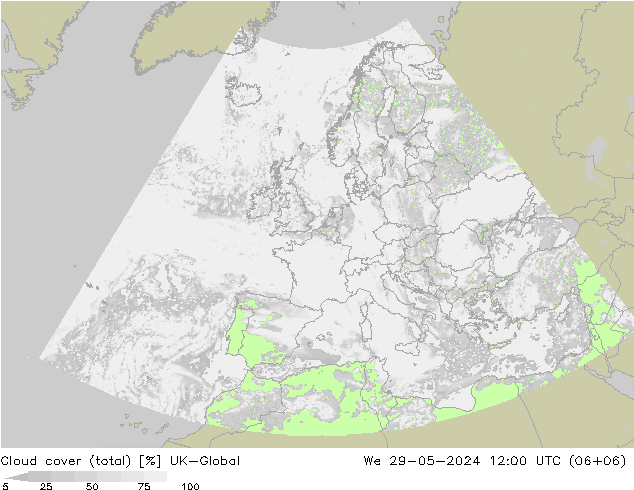 Cloud cover (total) UK-Global St 29.05.2024 12 UTC