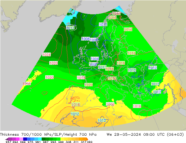 Thck 700-1000 hPa UK-Global We 29.05.2024 09 UTC
