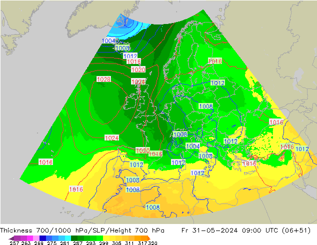 700-1000 hPa Kalınlığı UK-Global Cu 31.05.2024 09 UTC