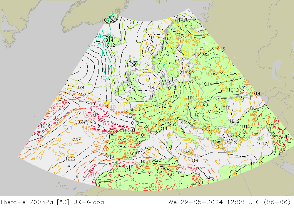 Theta-e 700hPa UK-Global We 29.05.2024 12 UTC