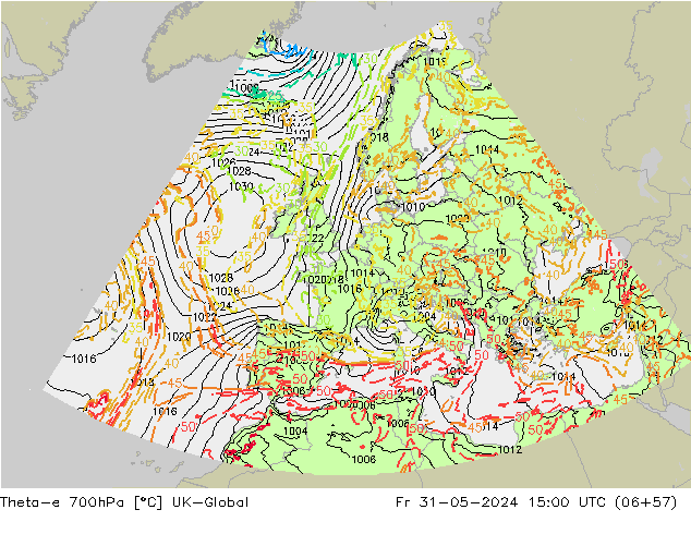 Theta-e 700hPa UK-Global Fr 31.05.2024 15 UTC