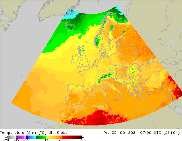 mapa temperatury (2m) UK-Global śro. 29.05.2024 07 UTC