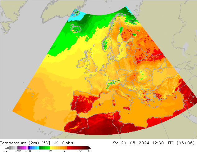 Temperatura (2m) UK-Global mer 29.05.2024 12 UTC