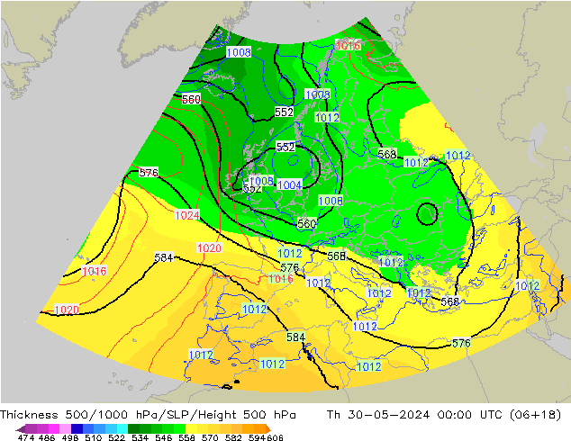 Thck 500-1000hPa UK-Global Čt 30.05.2024 00 UTC