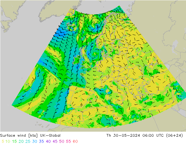风 10 米 UK-Global 星期四 30.05.2024 06 UTC