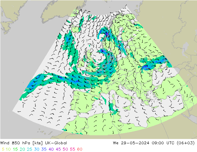 Wind 850 hPa UK-Global St 29.05.2024 09 UTC