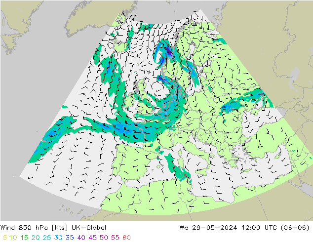 Wind 850 hPa UK-Global We 29.05.2024 12 UTC
