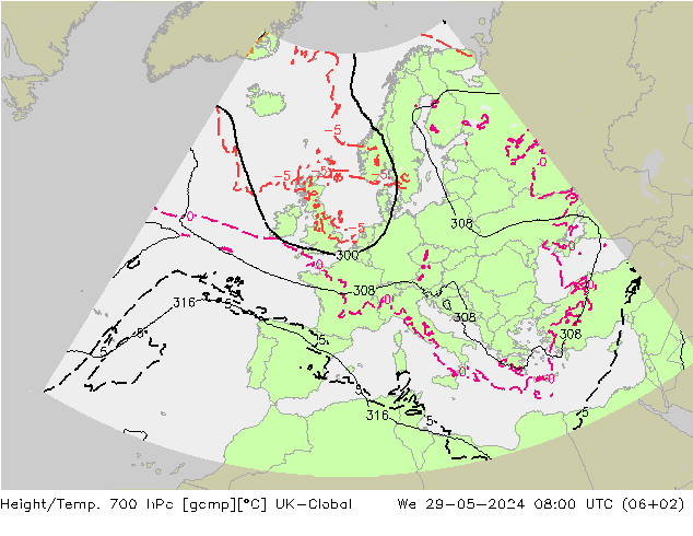 Height/Temp. 700 hPa UK-Global śro. 29.05.2024 08 UTC