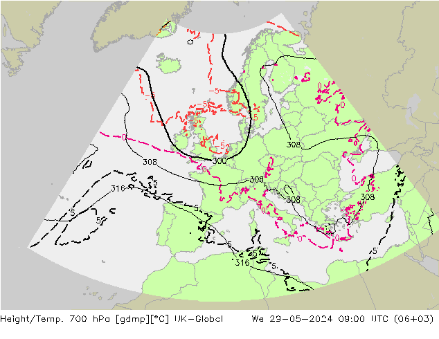 Géop./Temp. 700 hPa UK-Global mer 29.05.2024 09 UTC