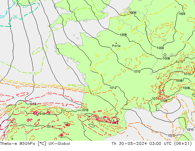 Theta-e 850hPa UK-Global Th 30.05.2024 03 UTC