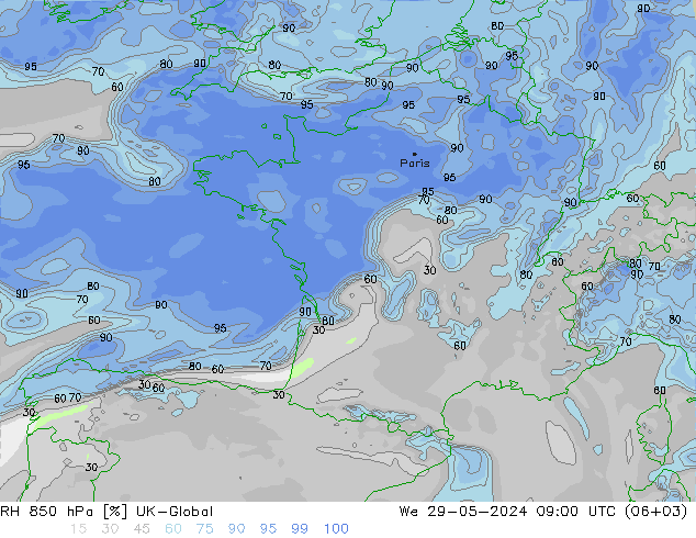 Humedad rel. 850hPa UK-Global mié 29.05.2024 09 UTC