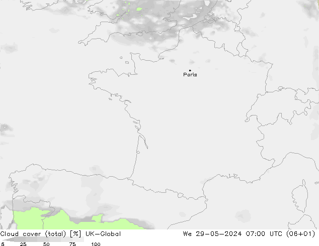 Cloud cover (total) UK-Global We 29.05.2024 07 UTC