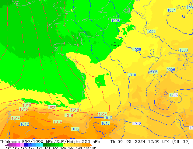 Espesor 850-1000 hPa UK-Global jue 30.05.2024 12 UTC