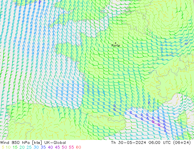 Viento 850 hPa UK-Global jue 30.05.2024 06 UTC