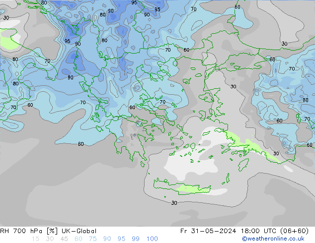 Humidité rel. 700 hPa UK-Global ven 31.05.2024 18 UTC