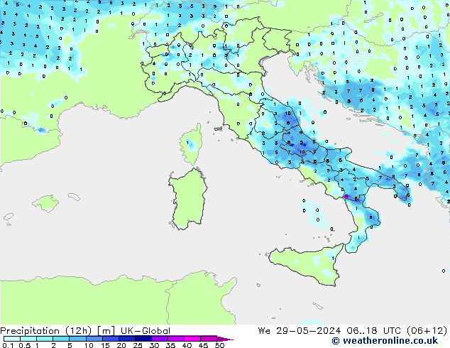 Precipitação (12h) UK-Global Qua 29.05.2024 18 UTC