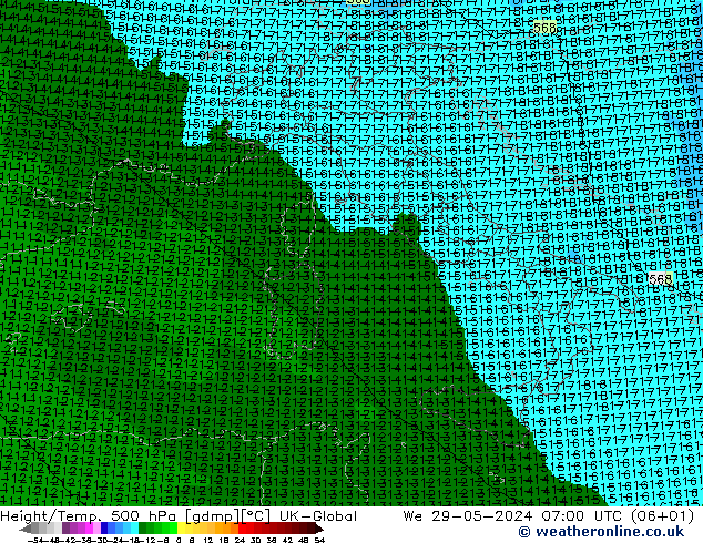 Height/Temp. 500 hPa UK-Global Qua 29.05.2024 07 UTC